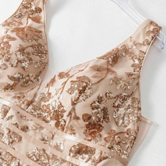 Plus Champagne Floral Sequin Mesh Formal Black Tie Wedding Dress - Picture 14 of 14